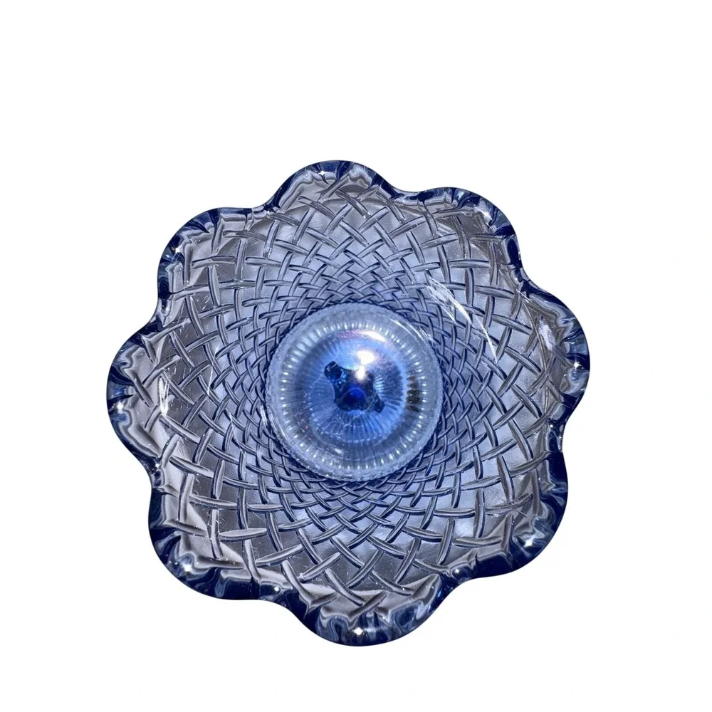 Fenton‎ Blue Basketweave Glass Compote Pedestal Vintage Candy Dish with Bow 7